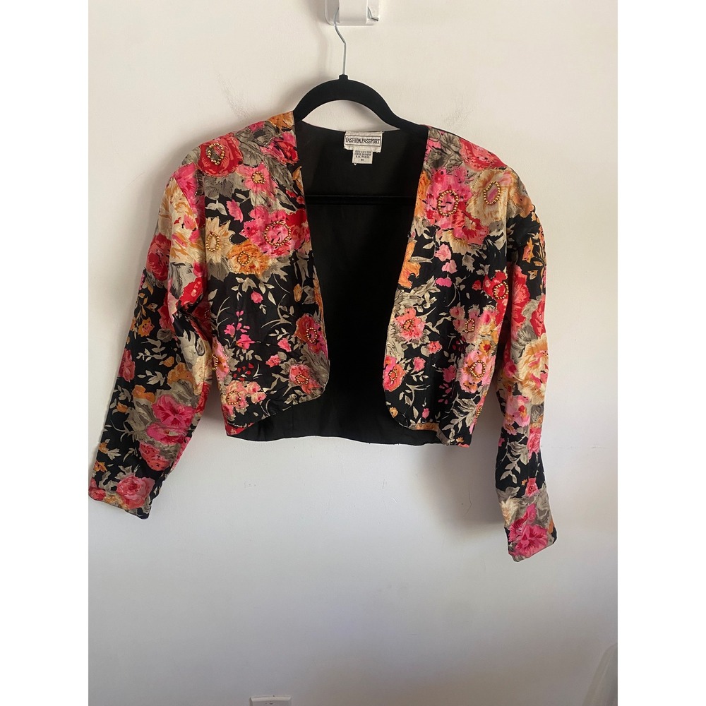 Fashion Passport Womens Floral Beaded Bolero Jacket Black Pink Cotton Cropped M
